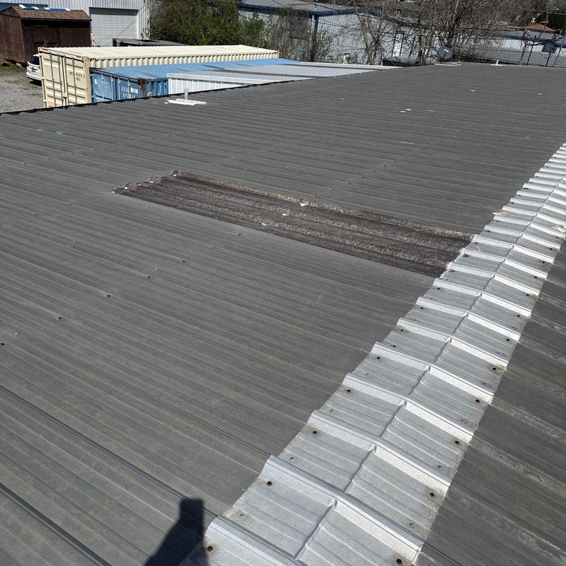 Metal roof panel with hail damage inspection and repair area