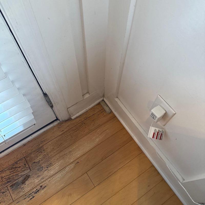 Hardwood floor corner with visible water damage near door