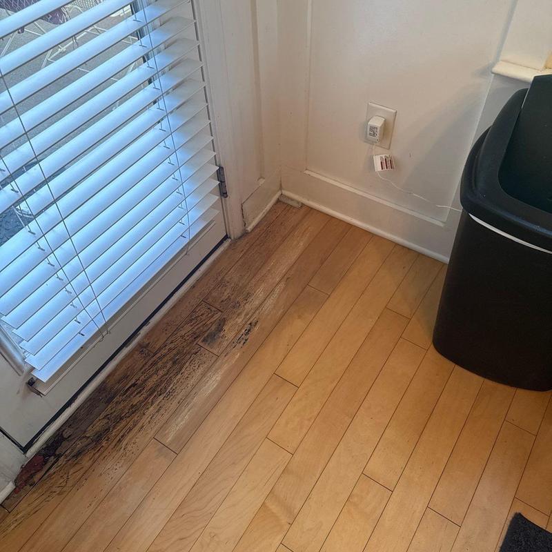 Wood floor water damage near door threshold