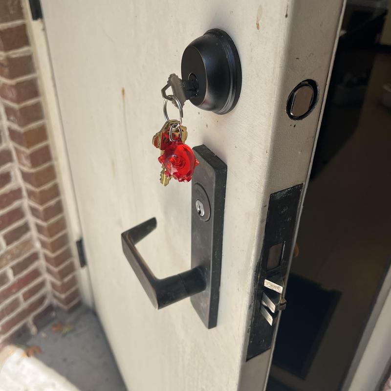 Deadbolt lock on back door with keys inserted Deadbolt lock on back door with keys inserted