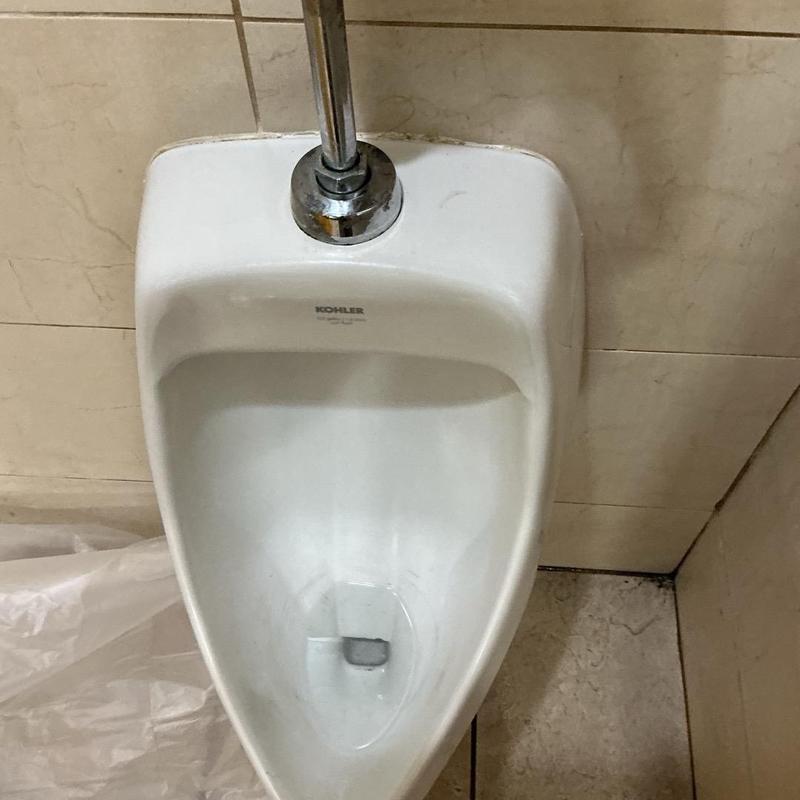 Urinal with porcelain scratches and flushed toilet paper blockage Urinal with porcelain scratches and flushed toilet paper blockage