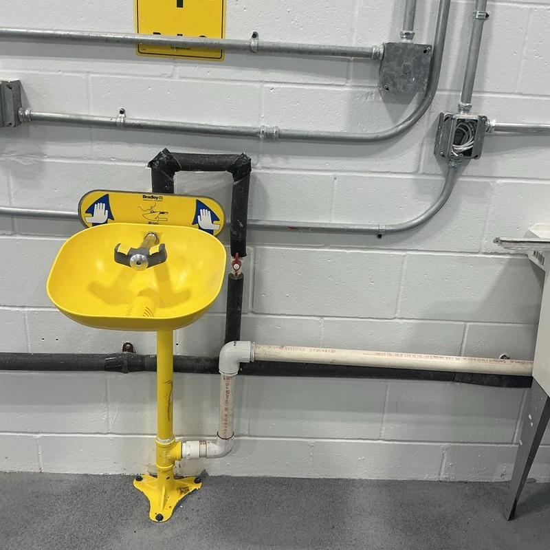 Eye wash station drain installation with PVC piping Eye wash station drain installation with PVC piping