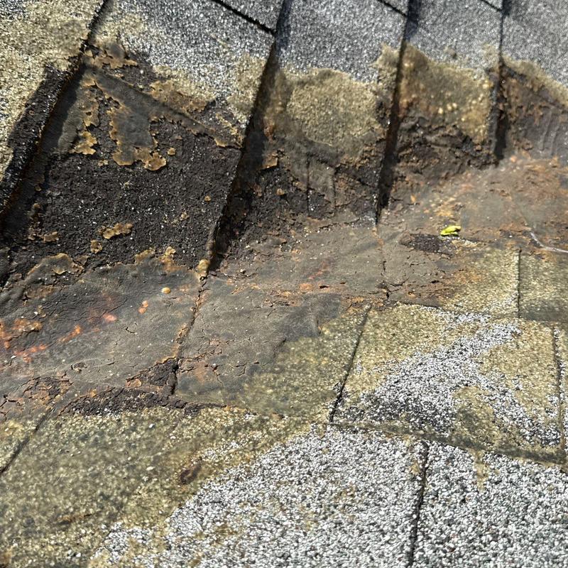 Roof shingles with hail and water damage close-up