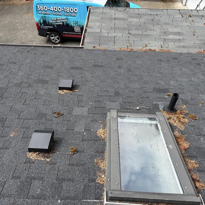 Skylight and surrounding roof shingles with debris