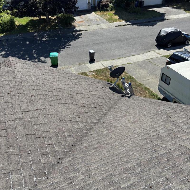 Asphalt shingle roof with visible wear and satellite dish