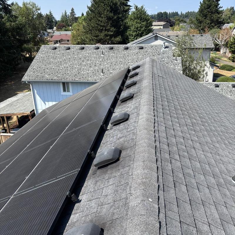 Solar panel array on gray shingle roof in residential area