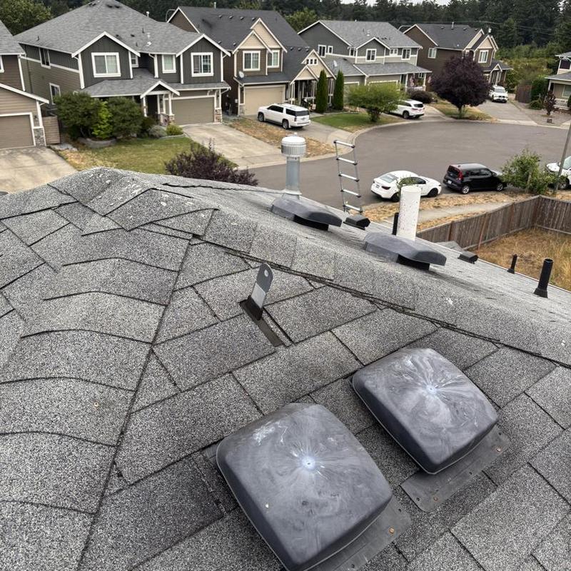 Asphalt shingle roof with vent covers and safety anchor