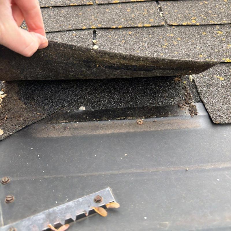 Asphalt roof shingles lifted revealing flashing underneath