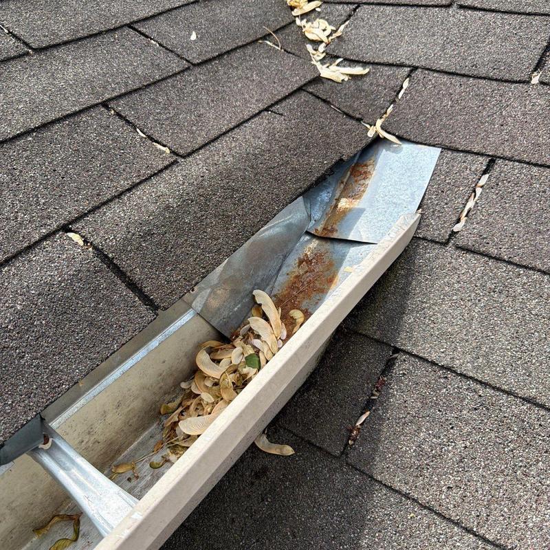Roof gutter with rust and debris buildup on shingles