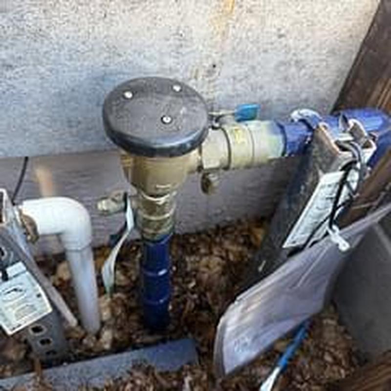 Backflow prevention device with piping and labels