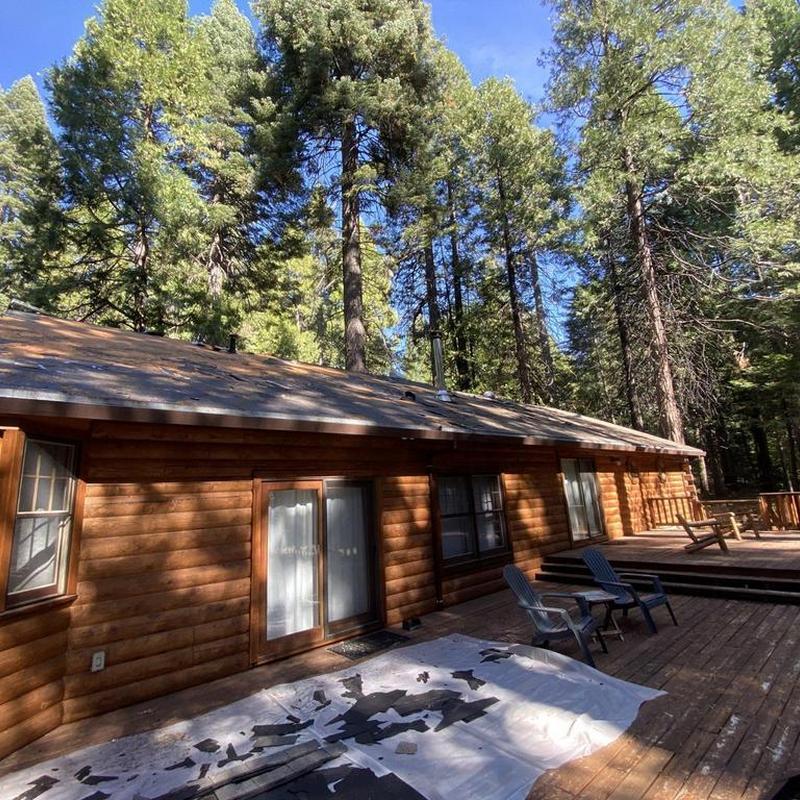 Asphalt shingle roof on forest cabin deck area