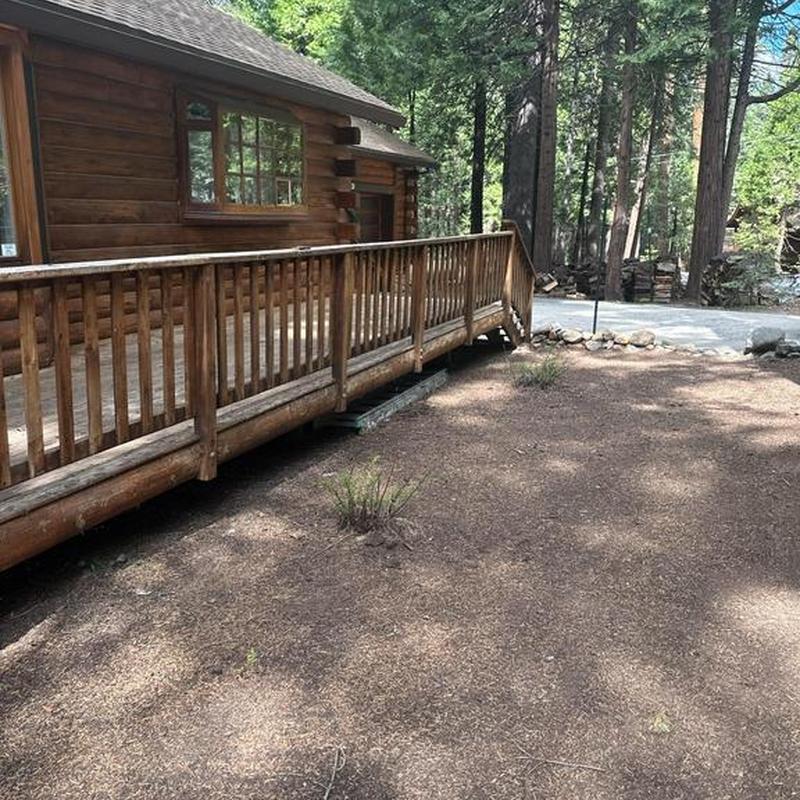 Wooden cabin deck railing beside forest floor dirt area