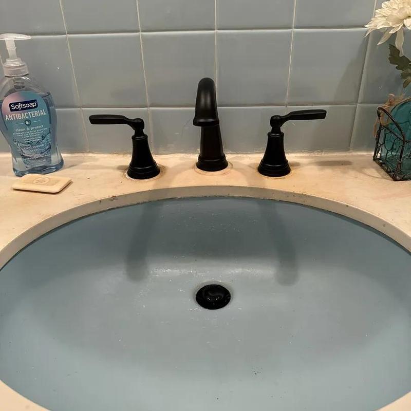 Lavatory faucet with black handles installed