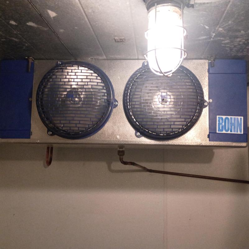 Walk-in cooler evaporator with dual fans under light Walk-in cooler evaporator with dual fans under light