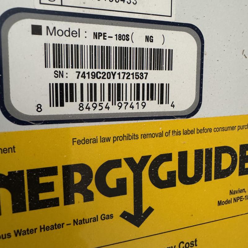 Navien NPE-180S tankless water heater label Navien NPE-180S tankless water heater label