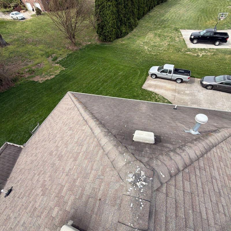Asphalt shingle roof with hail damage near ridge vent