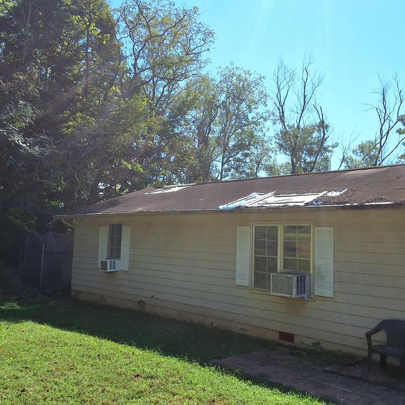 Roof shingles with damaged sections and wear Roof shingles with damaged sections and wear