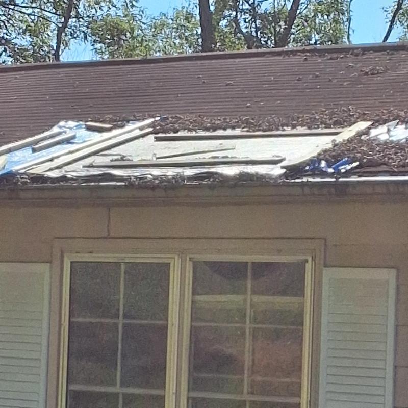 Roof shingles with multiple damaged and missing sections Roof shingles with multiple damaged and missing sections