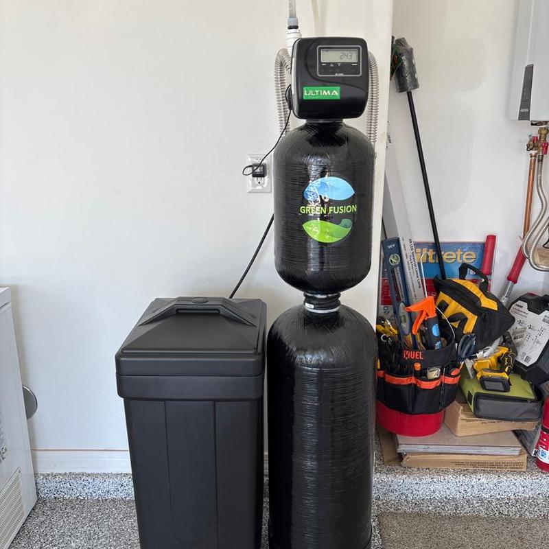 Green Fusion 1500 water softener installed in garage Green Fusion 1500 water softener installed in garage