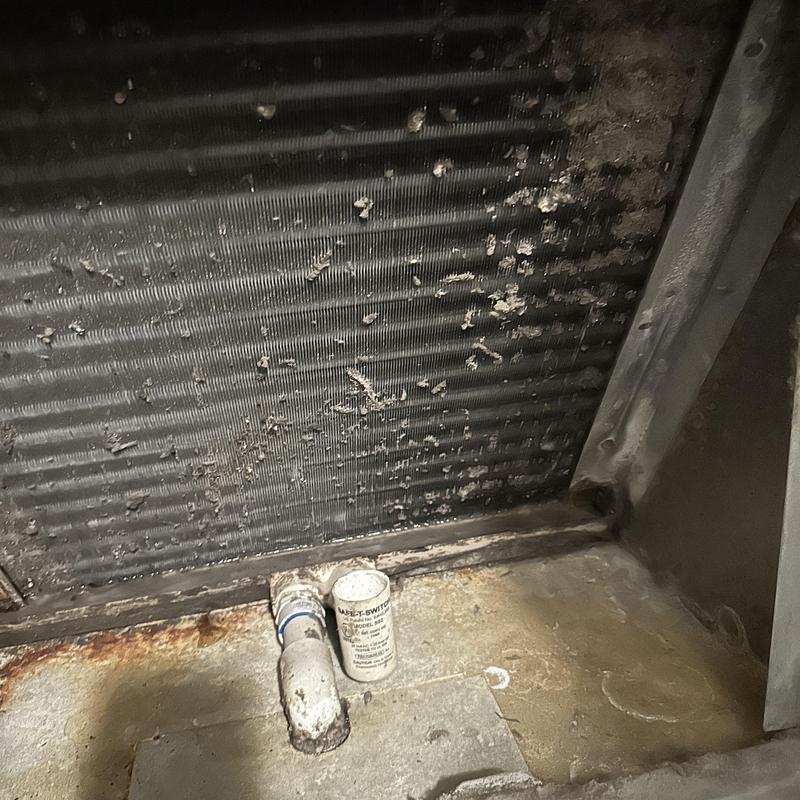 HVAC condensate drain line with rust and debris buildup HVAC condensate drain line with rust and debris buildup