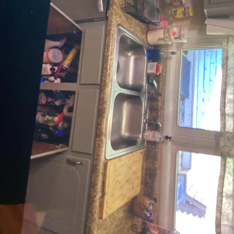 Kitchen double basin sink with new faucet installed