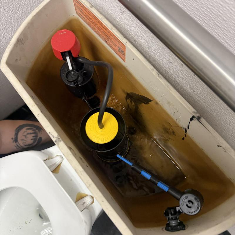 Toilet flush valve inside tank with water discoloration