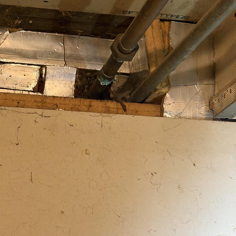 Copper water supply pipes under ceiling joist in basement wall