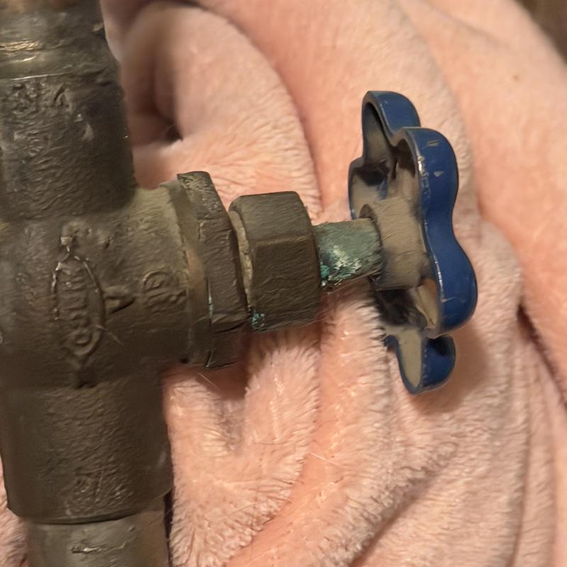 Water shutoff valve with blue handle close-up
