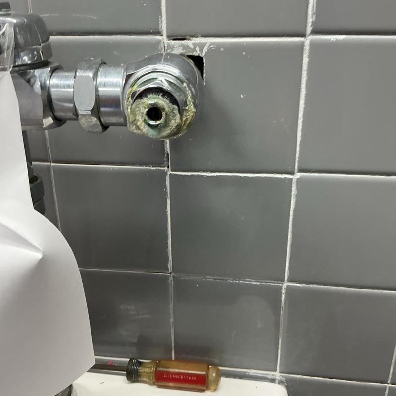 Urinal flush valve with corrosion and missing handle