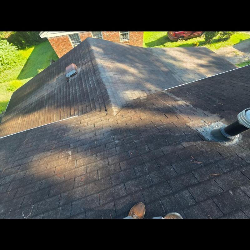 Asphalt shingle roof with vent and wear signs Asphalt shingle roof with vent and wear signs