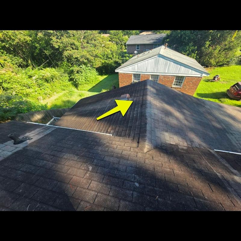 Asphalt shingle roof with aging and leak inspection arrow Asphalt shingle roof with aging and leak inspection arrow