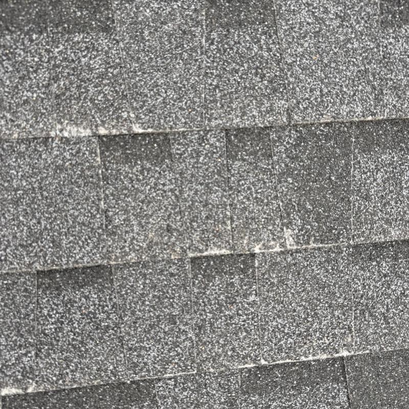 Asphalt shingle roof close-up showing granule wear Asphalt shingle roof close-up showing granule wear