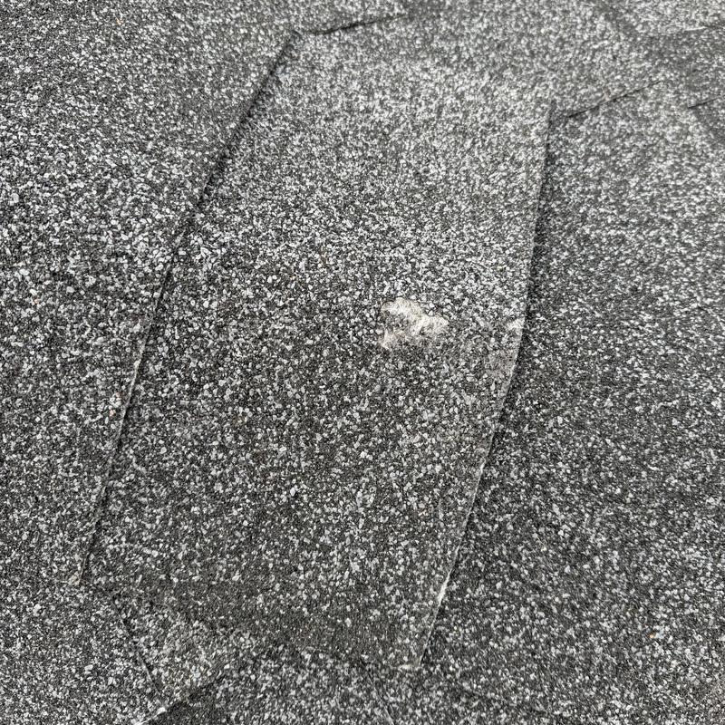 Asphalt roof shingle damage spot from hail impact Asphalt roof shingle damage spot from hail impact