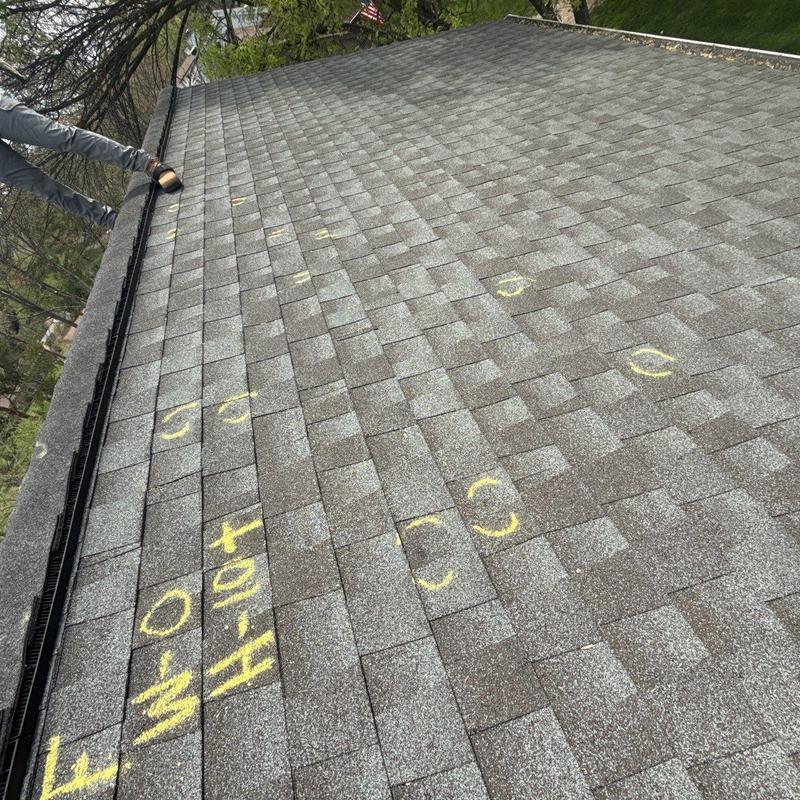 Roof shingles with marked hail damage points