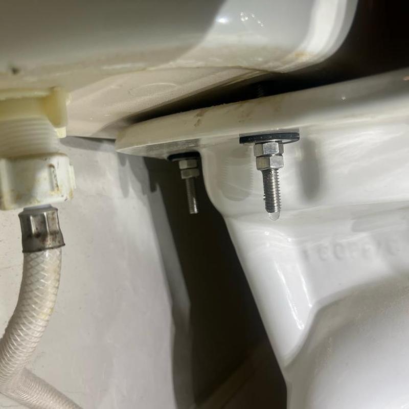 Toilet tank bolts with new washers installed under tank