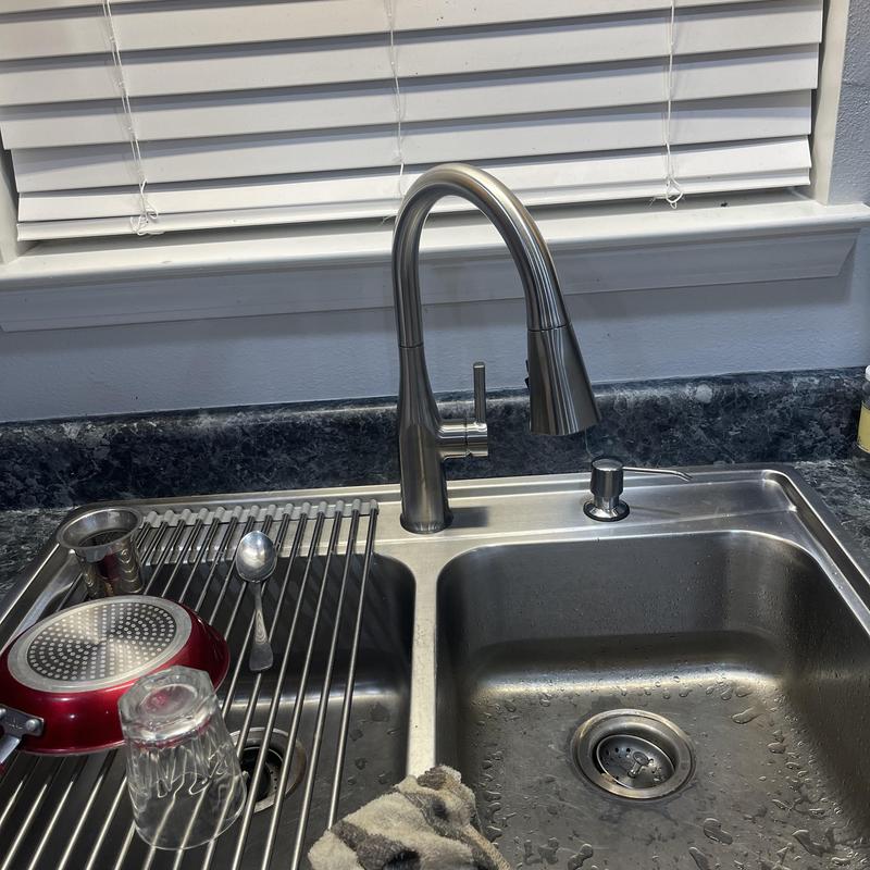Delta Jakari Kitchen Faucet over double stainless sink Delta Jakari Kitchen Faucet over double stainless sink