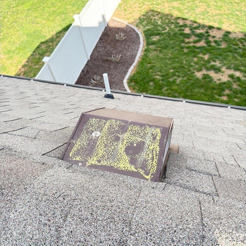 Roof vent with marked hail damage on shingles