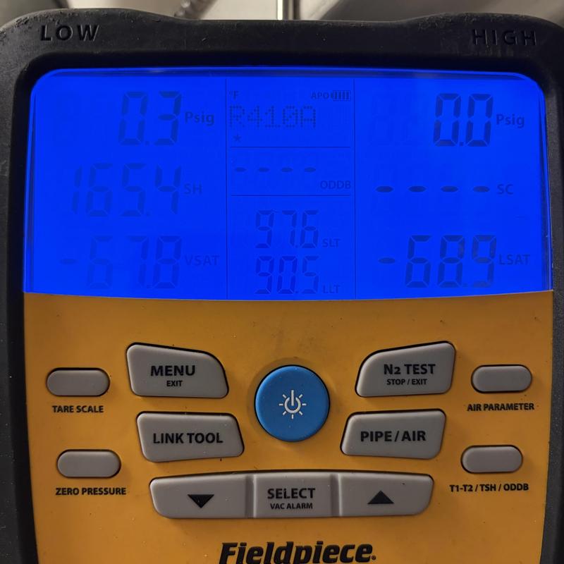 Refrigerant gauge showing R-410A pressure readings Refrigerant gauge showing R-410A pressure readings