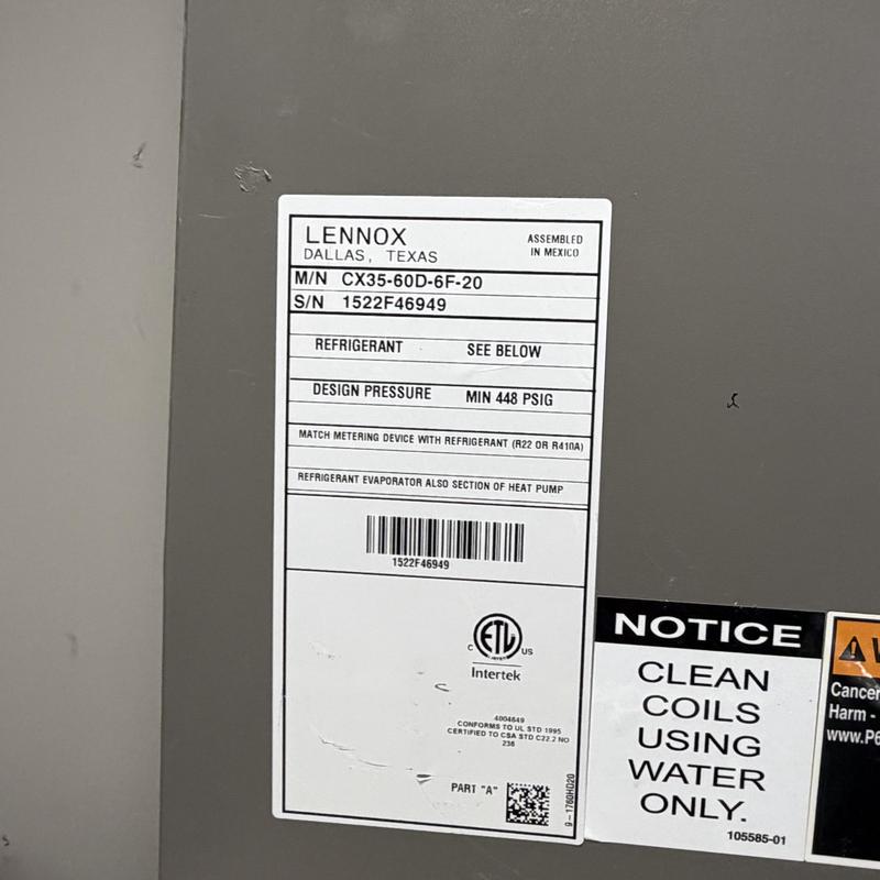 Lennox HVAC unit model CX35-60D-6F-20 label close-up Lennox HVAC unit model CX35-60D-6F-20 label close-up