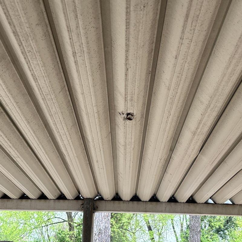 Metal carport roofing with puncture damage