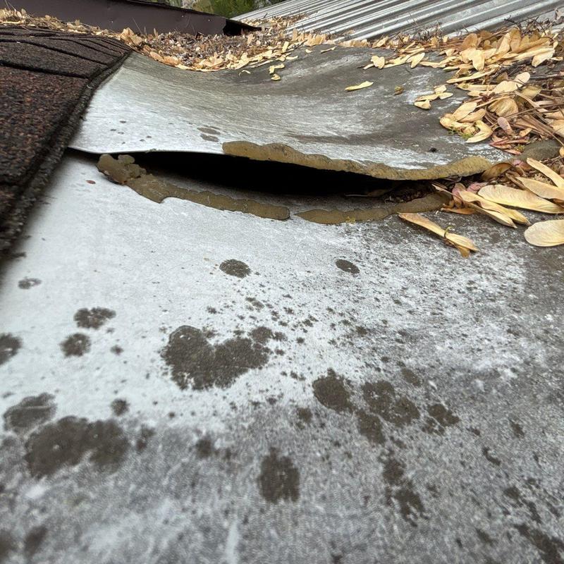 Roofing underlayment damage with water stains and debris