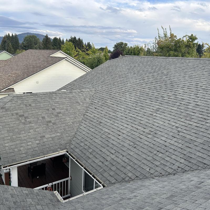 Asphalt shingle roof overview with inspection details