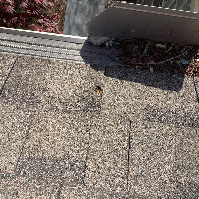 Asphalt shingles with visible damage near flashing