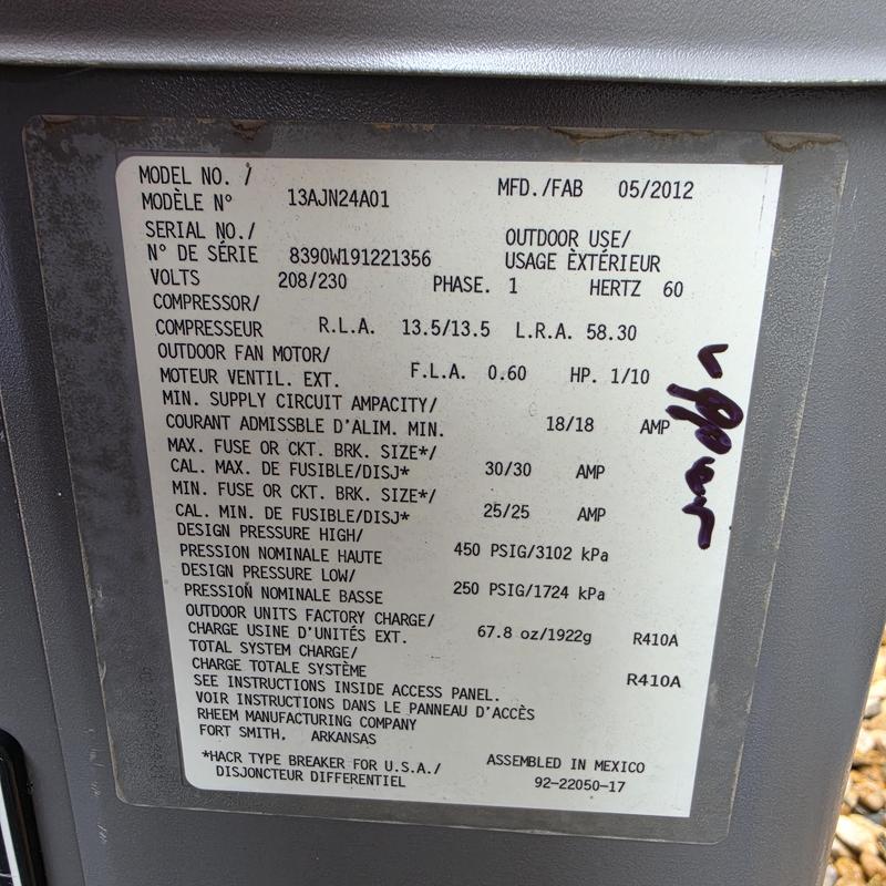 Rheem 13AJN24A01 air conditioner specification label Rheem 13AJN24A01 air conditioner specification label