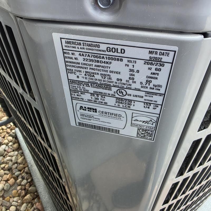 American Standard Gold air conditioner label close-up American Standard Gold air conditioner label close-up