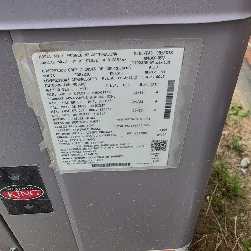 Weather King WA1324AJ1NA air conditioner label close-up Weather King WA1324AJ1NA air conditioner label close-up