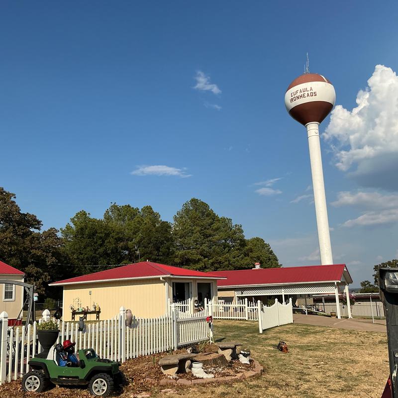 Water tower near residential property with red roofs