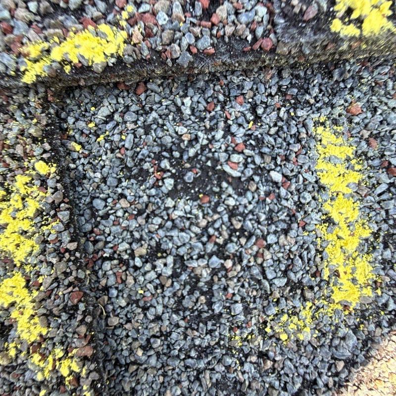 Roof shingle granules loss from hail impact marked in yellow