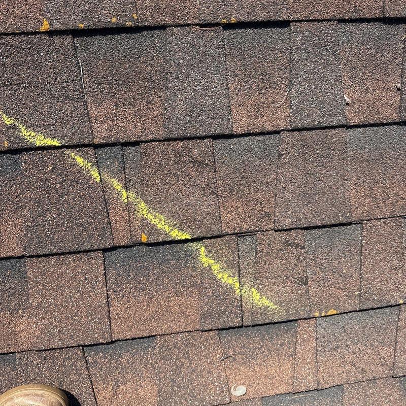 Asphalt roof shingles with marked hail damage line