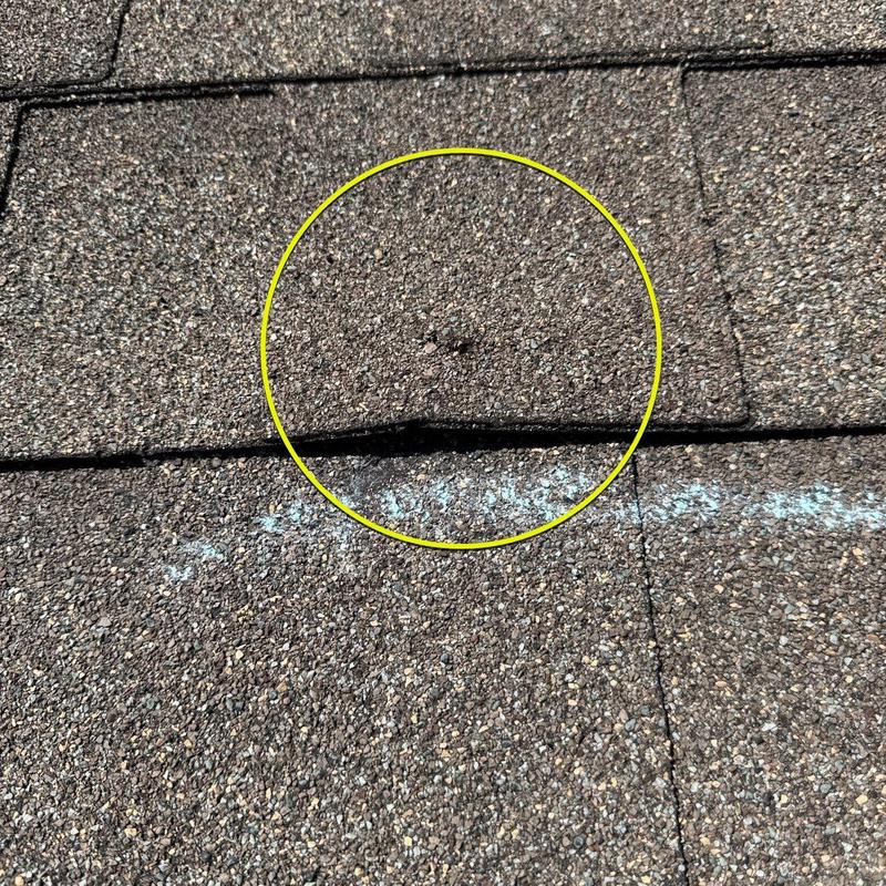 Asphalt shingles with hail damage marked by chalk
